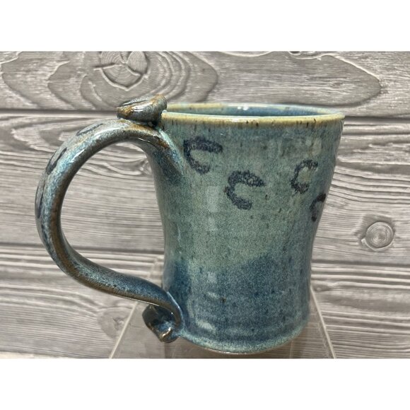 Pottery Clay Glazed Handmade Large Mug Cup Blue Animal Tracks 5” Unique - Picture 3 of 9